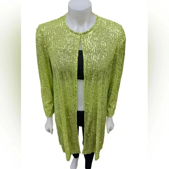Anne Klein NWT Sequined  Duster Open Cardi LS Sheer Bright Green Size Small - Picture 3 of 11
